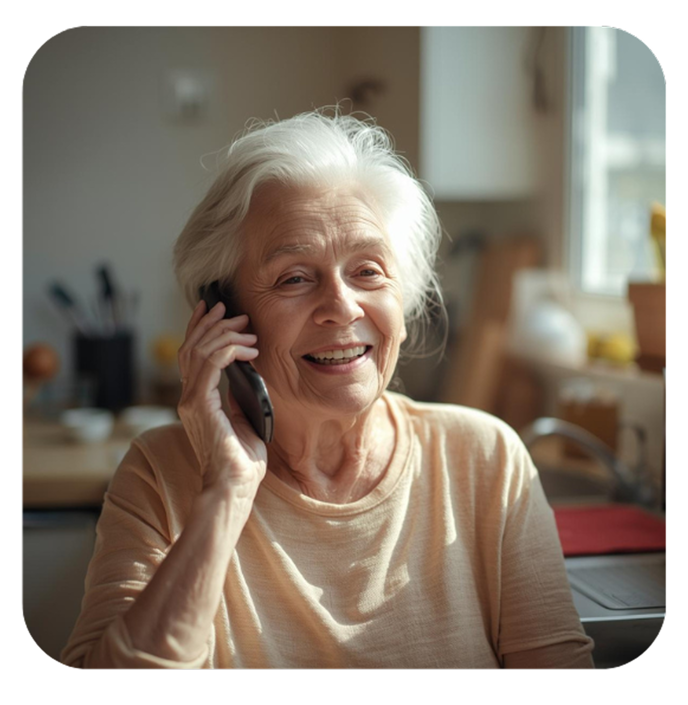 Une dame âgée souriante au téléphone
